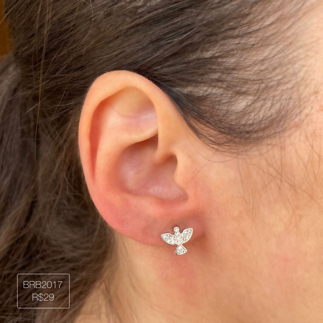 Brinco de Espírito Santo Delicado Cravejado Cristal Prateado